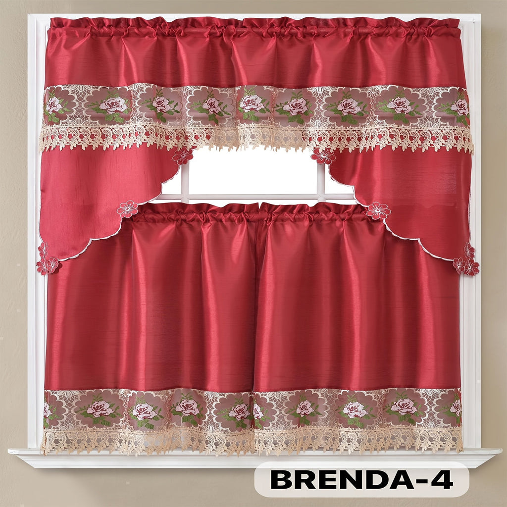Kitchen Curtains 3 Piece Set Embroidered Satin Valance and Tiers - Rod Pocket Light Filtering Machine Washable 46 Colors Available All Season Home Decor