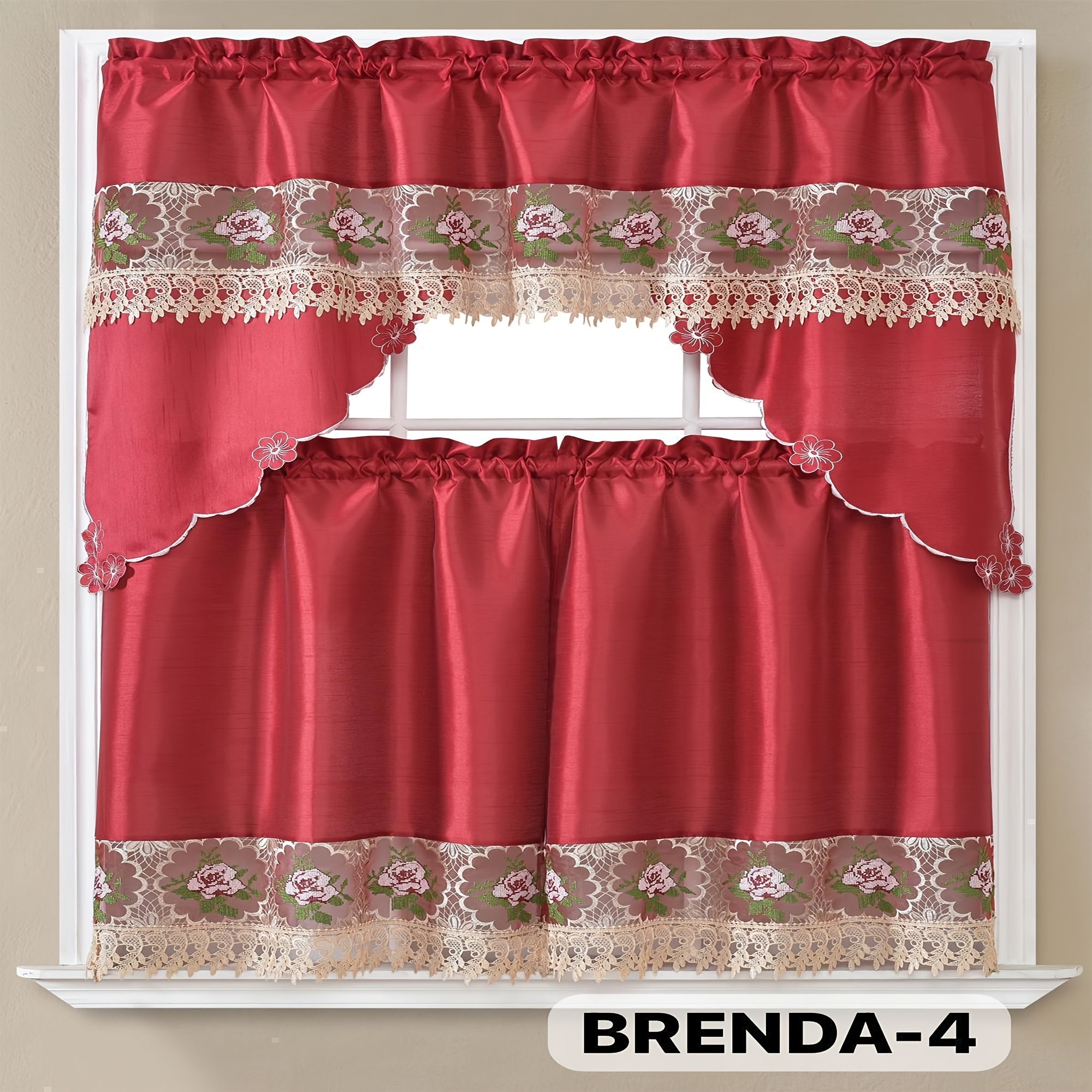 Kitchen Curtains 3 Piece Set Embroidered Satin Valance and Tiers - Rod Pocket Light Filtering Machine Washable 46 Colors Available All Season Home Decor