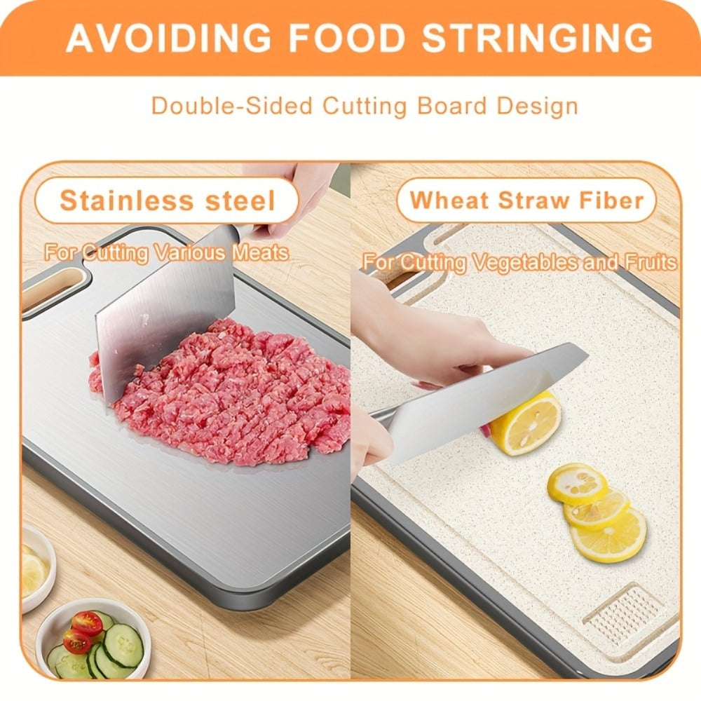 Large Cutting Board for Kitchen ¨C Double Sided Food Grade Stainless Steel & Wheat Straw PP, Non-Slip, Easy to Clean, 16 x 11 Inch Heavy Duty Chopping Board