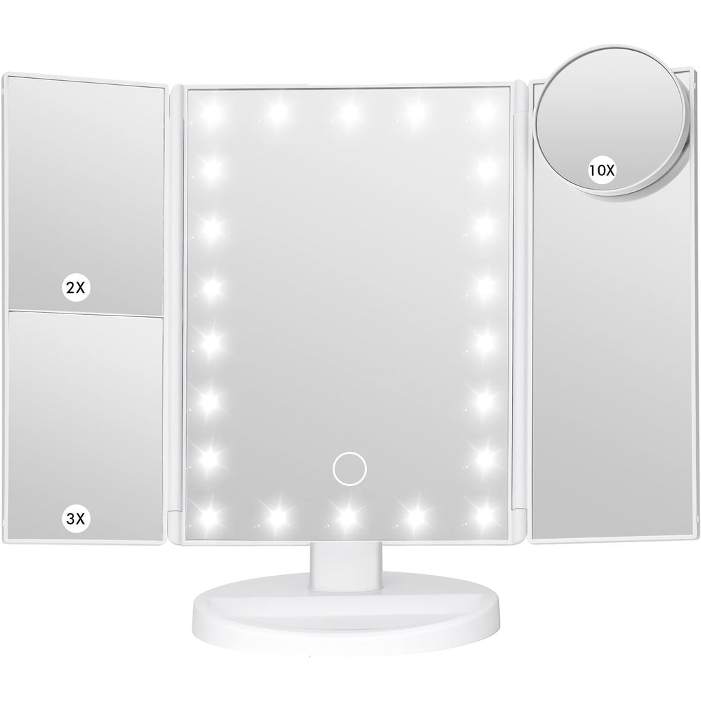 LED Tri-Fold Makeup Mirror with Touch Screen ¨C 1X/2X/3X/10X Magnifying Vanity Mirror, Flexible Adjustable Base, Lighted Travel Mirror for Makeup Desk, Bedroom & Bathroom | Gift for Women