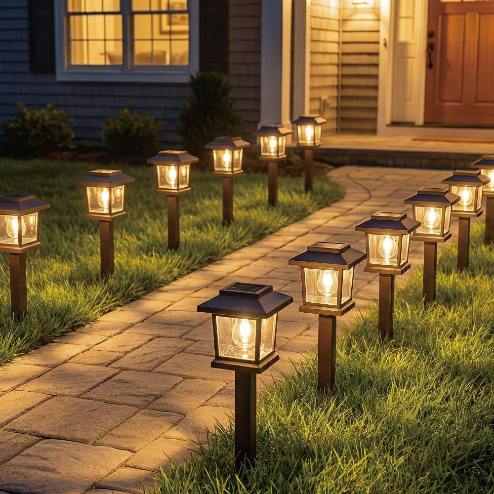 Solar Pathway Lights Outdoor Edison Style LED ¨C Up to 12 Hours Auto On/Off IP44 Waterproof | Warm White Solar Garden Lights for Yard, Driveway & Walkway | Black & Brown Upgraded Stake Lights