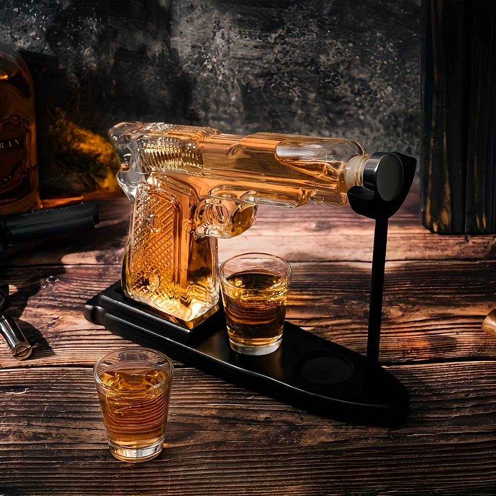 Whiskey Gun Decanter Set 10oz with 2 Bullet Shot Glasses & Wooden Stand, Handgun Shaped Liquor Decanter for Home Bar, Unique Novelty Gift for Men, Dad, Birthday & Valentine's Day