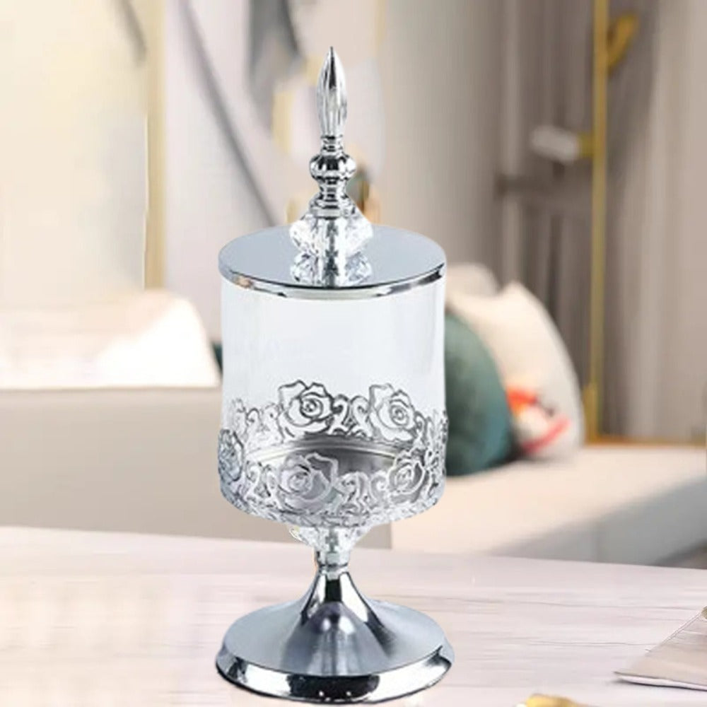 Vintage Glass Candy Jar with Lid ¨C European Style Decorative Vase & Metal Art Storage Container for Living Room, Coffee Table & Desktop Decor