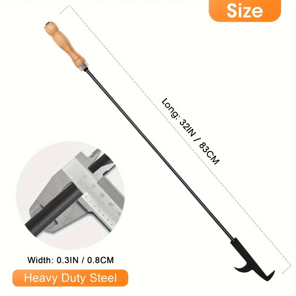 Fire Pit Poker 32 Inch, Heavy Duty Wrought Iron Fire Poker Stick with Wooden Handle and Barb Hook, Collapsible Campfire Poker for Fireplace, Bonfire, Camping, Outdoor and Indoor Fire Pit Tools