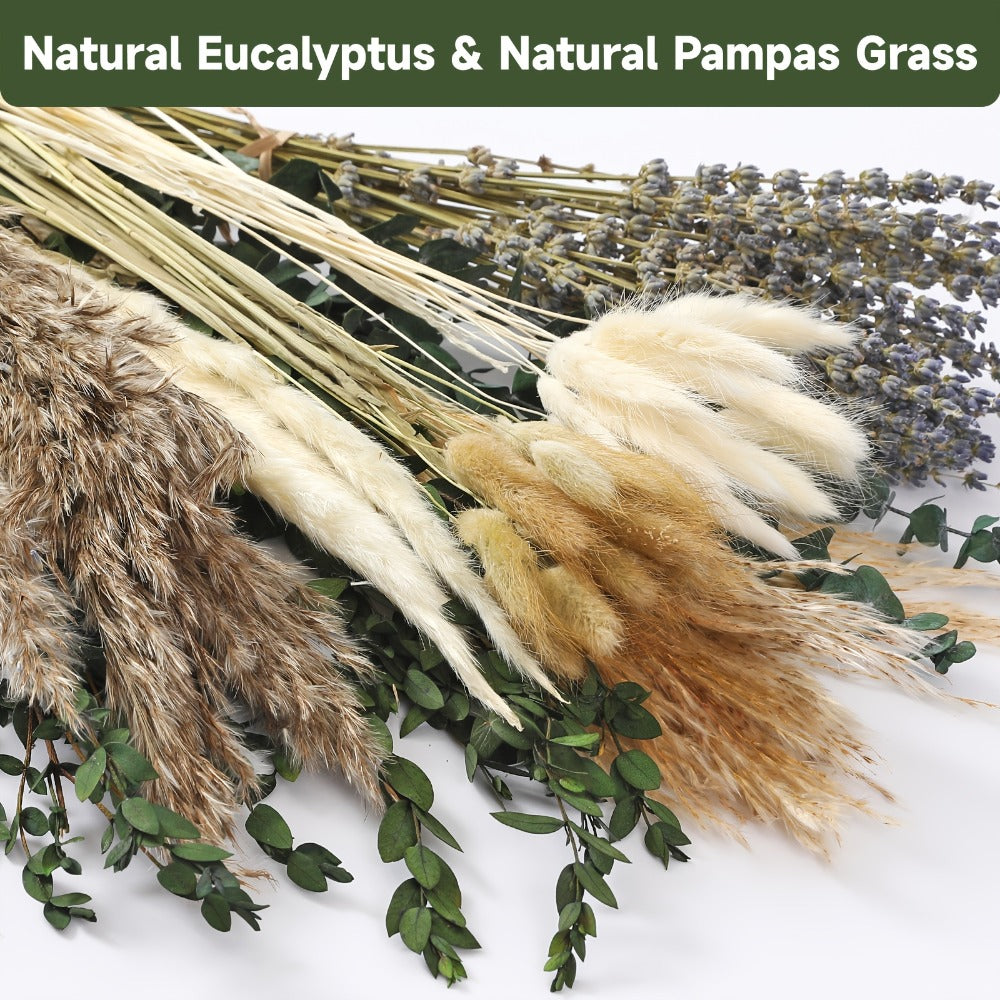 Boho Pampas Grass Dried Flower Arrangement ¨C Lavender Eucalyptus Bouquet with Gemstone Accents for Home Decor, Rustic Wedding Centerpiece & Bohemian Bedroom Vase Filler