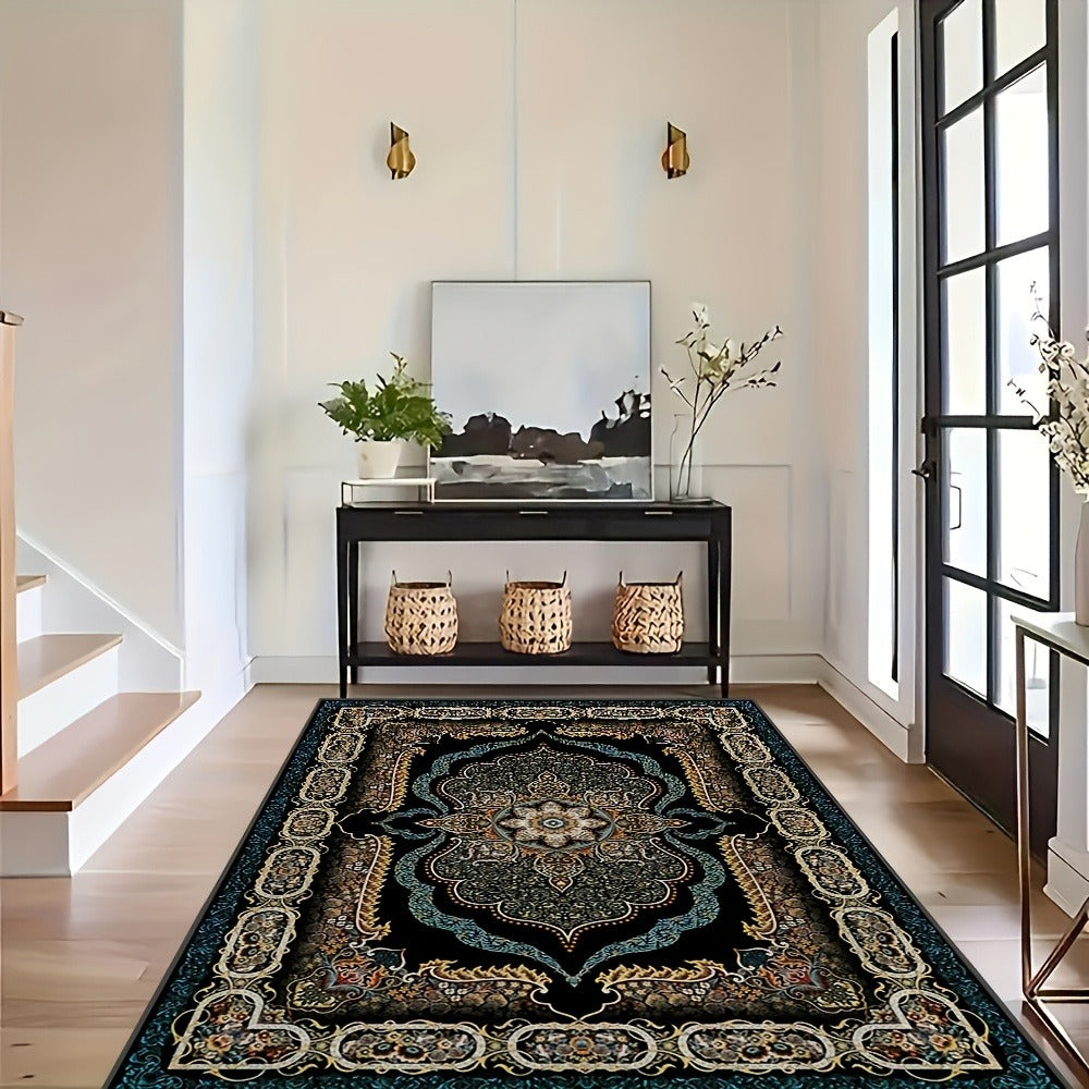 Bohemian Floral Area Rug Non-Slip Backing Machine Washable Velvet Floor Mat Shedding-Resistant 100% Polyester Soft Carpet for Living Room Bedroom Kitchen Office Modern Decorative Rug