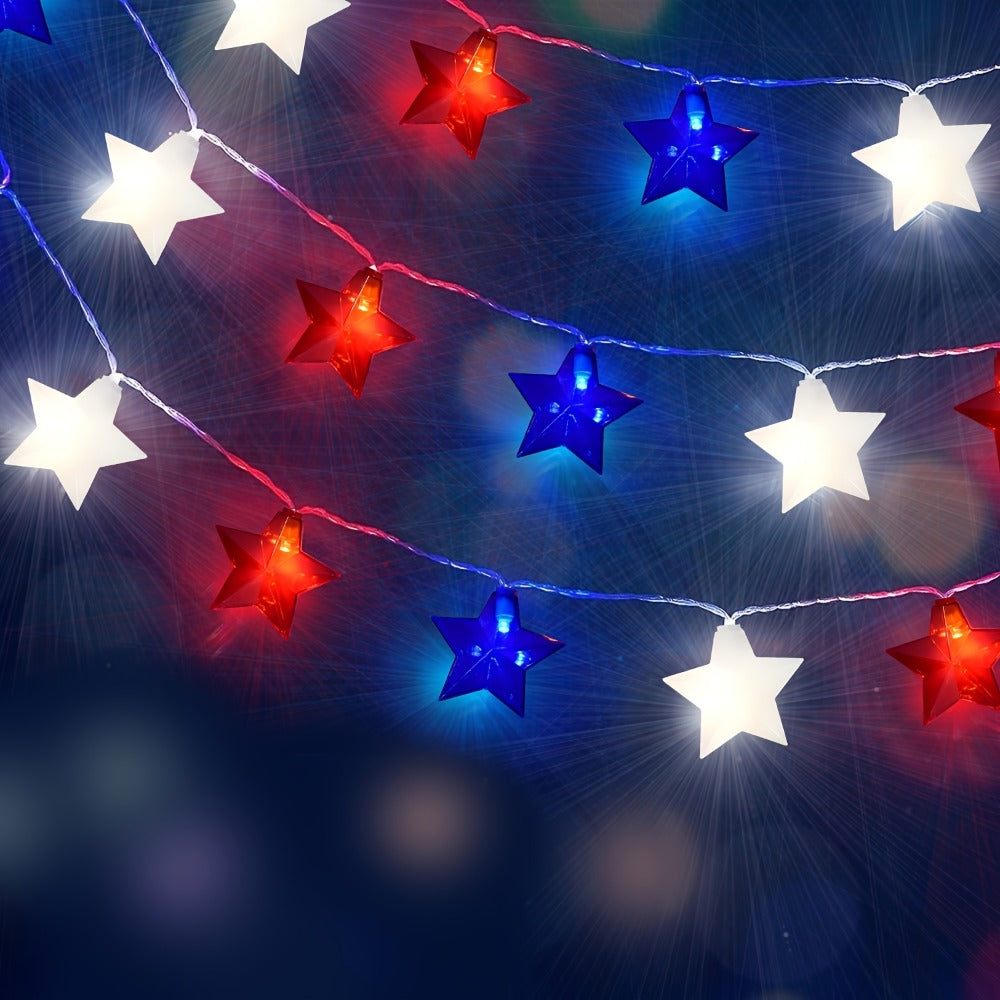 Patriotic Star String Lights July 4th Red White Blue LED Plug-In Indoor Outdoor Decor 8.5FT 12FT Memorial Day Independence Day Party Decoration