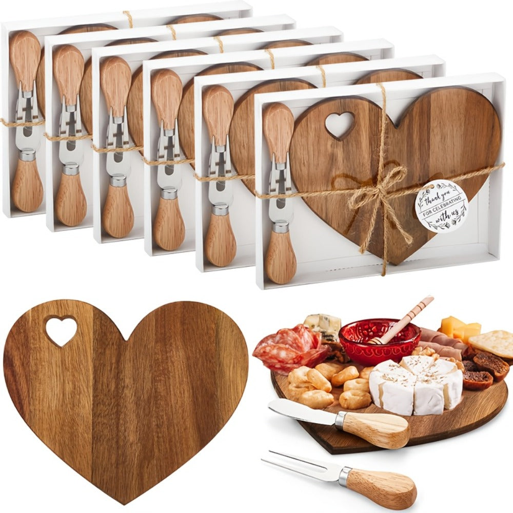 Mini Heart Charcuterie Board Set 6/12 Pack ¨C Wood Cheese Board with Knives Bridal Shower Favor Thank You Gift Box for Wedding Birthday Valentine Christmas Party Guest Bamboo Acacia