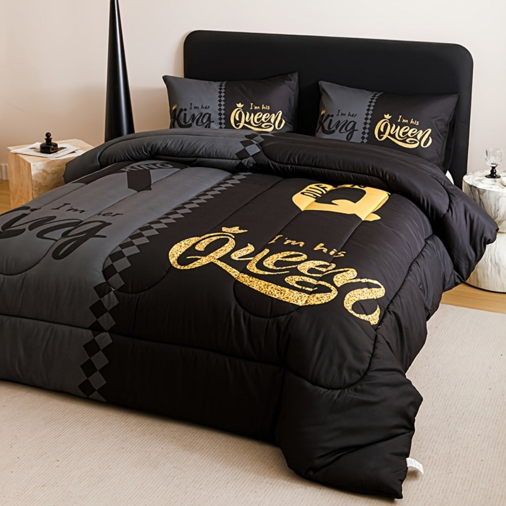 Comforter Set 3-Piece ¨C Soft Breathable Quilt with 2 Pillowcases, Black Grey Color Block Crown Letter Print, Twin Full Queen King, 180GSM Bedroom Bedding Set