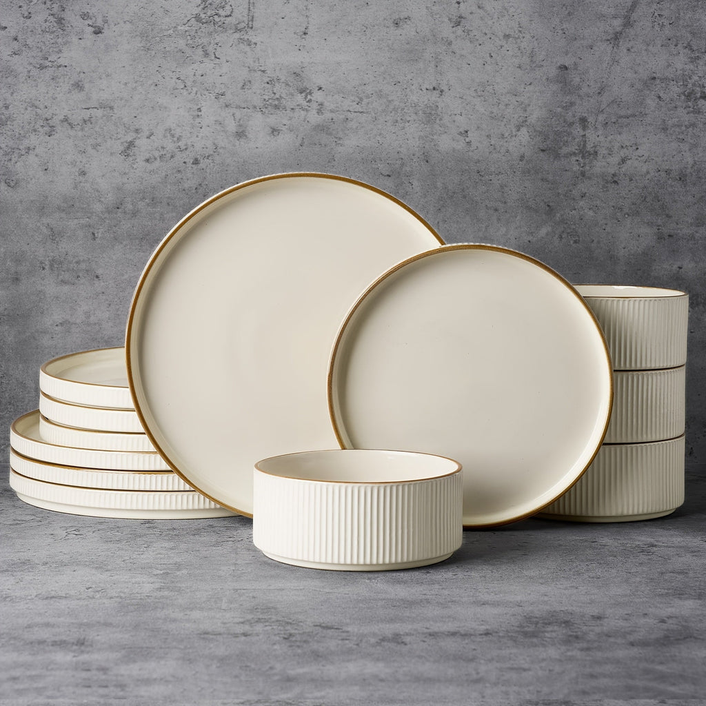 Dinnerware Set for 4 12 Piece Stoneware Plates and Bowls Set Microwave Dishwasher Safe Lead Free Double Reactive Glaze Dinner Plates Salad Plates Cereal Bowls for Everyday Use Holiday Gifts
