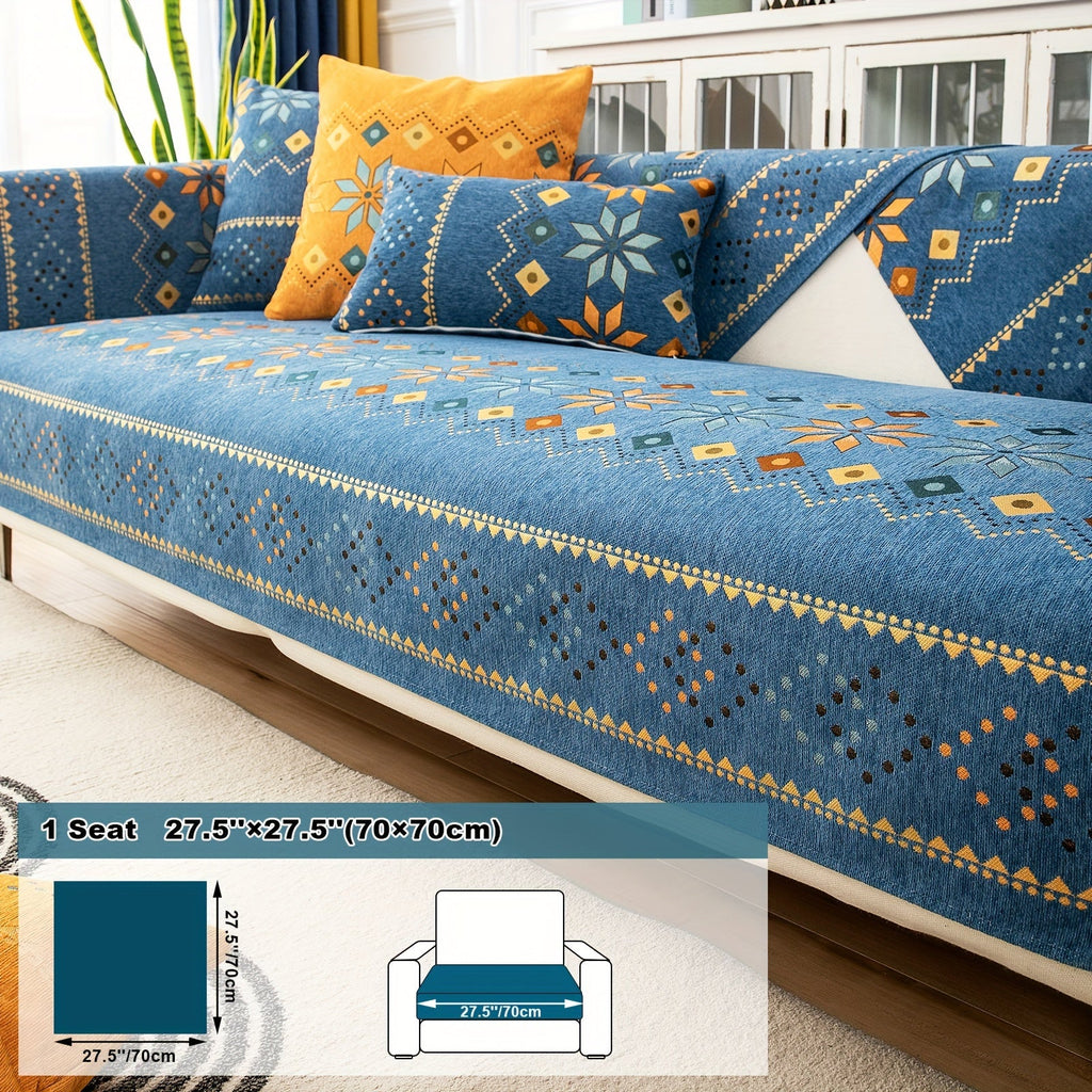 Bohemian Chenille Sofa Cover | Geometric Print Non-Slip Couch Slipcover, Thick Plush Boho Style, 1 to 4 Seat, Armrest & Backrest, Machine Washable, Sectional Sofa Protector