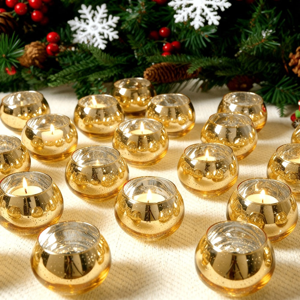 Votive Candle Holders Bulk - High Temperature Glass Hurricane Candle Holders for Weddings, Parties & Romantic Dinners, Starlight Shimmer Effect, Set of 6/12/24, Golden, Pink, Silver & Green