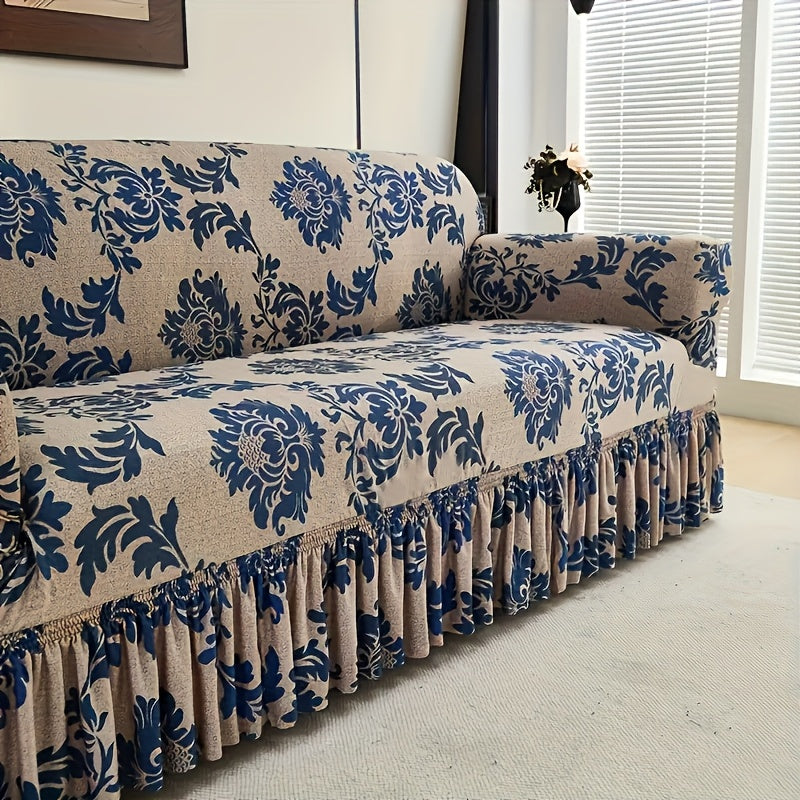 Stretch Sofa Cover with Skirt Design High Elasticity Anti-Slip Fixing Rod All Season Printed Slipcover Fits 1 2 4 Seater Sofa - Dark Blue with Matching Pillowcase