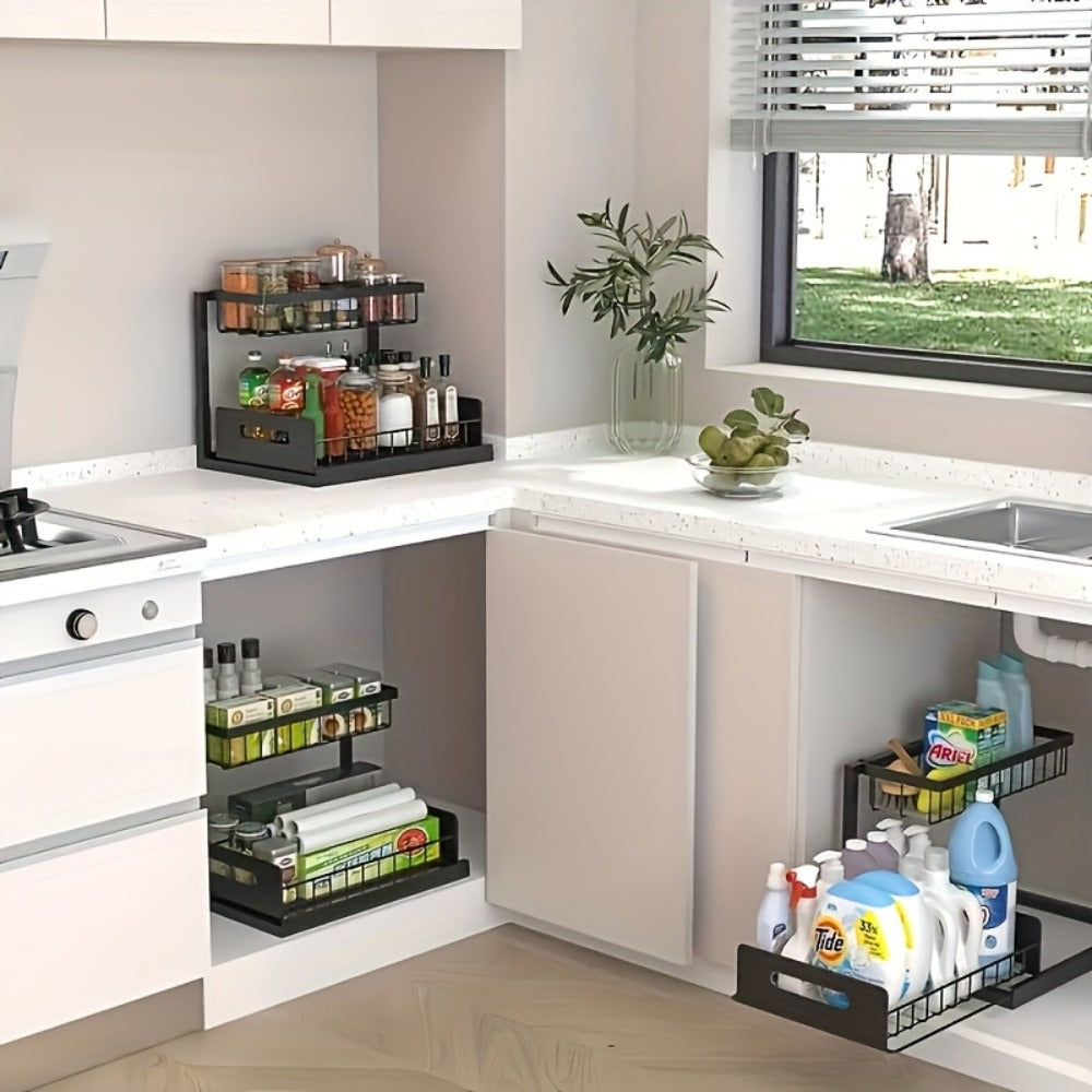 Under Sink Organizer Pull Out 2 Tier Slide Out Cabinet Shelf ¨C Kitchen Bathroom Storage Rack Utility Organizer 1 or 2 Pack