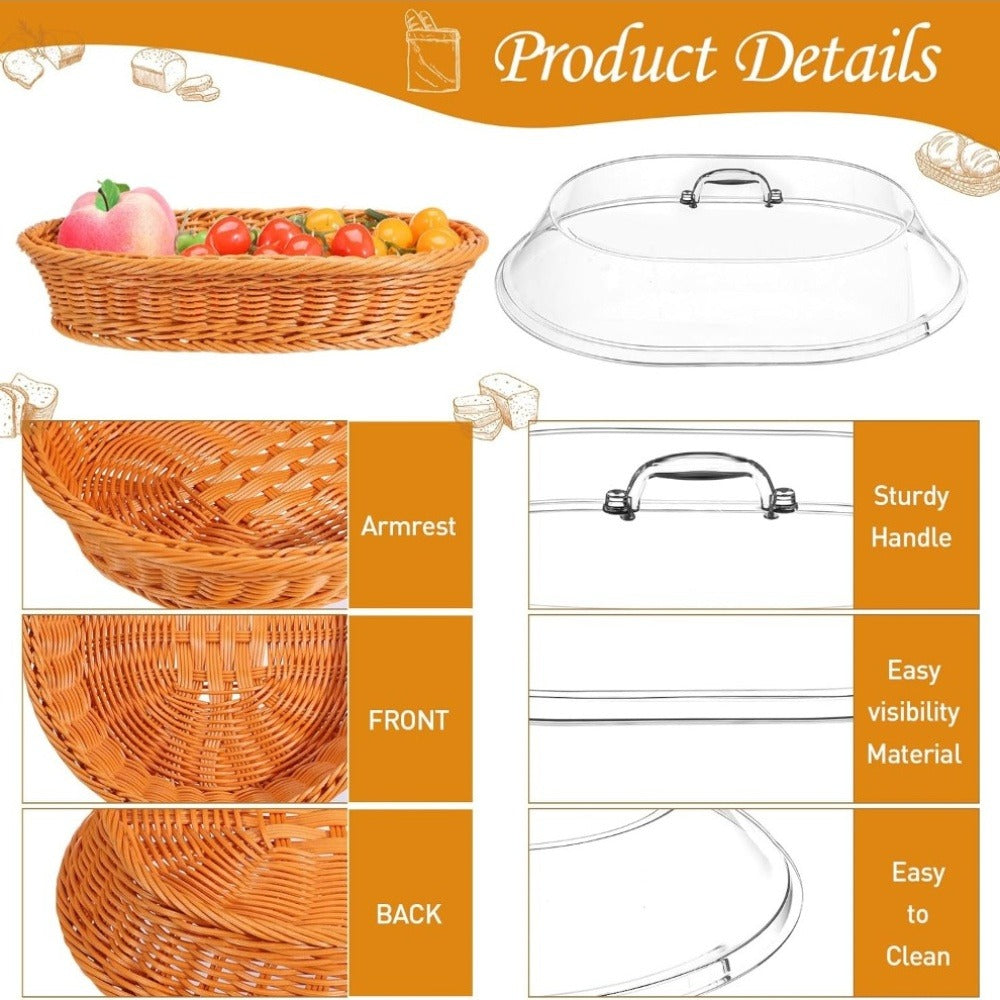 Woven Bread Basket with Lid Oval Rattan Food Basket for Serving Storage Fruits Vegetables Kitchen Dining Table Decor