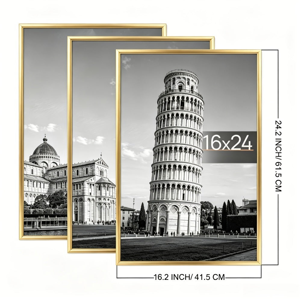 16x24 Picture Frame Set of 3, Poster Frames 16 x 24 Inch with Scratch-Proof Cover, Slide-In Assembly, Horizontal & Vertical Wall Mount Display - Black, Gold, Natural