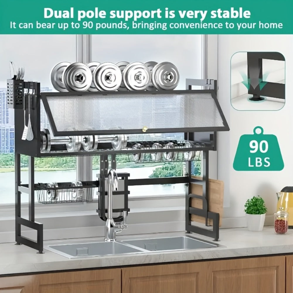 Dish Drying Rack Multi-Layer Kitchen Countertop Organizer - Dust-Free Drainer for Plates Bowls Utensils, Black Large Capacity Dish Rack