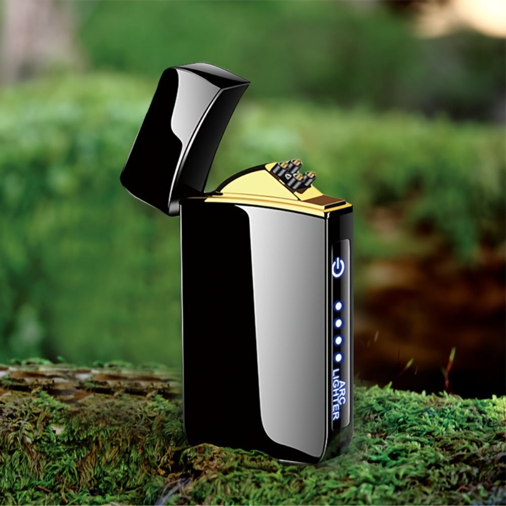Electric Plasma Lighter USB Rechargeable ¨C Windproof Dual Arc, LED Power Display, Touch Induction | Compact Metal Design for Outdoor Camping, Hiking & Survival | 2 Colors & 6 Styles