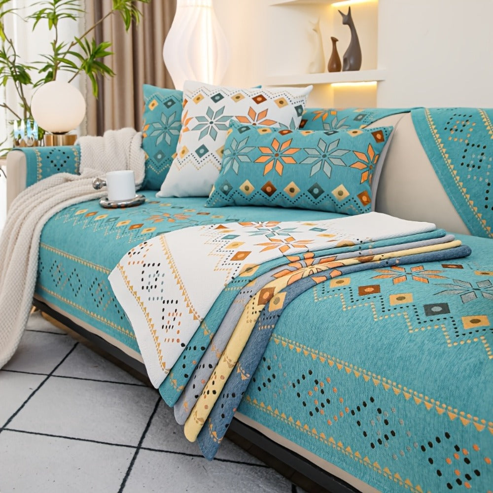 Chenille Sofa Cover Bohemian Style Jacquard Knit Anti-Slip Pet Friendly All Season Sofa Mat Protector - Single 2 3 4 Seater Armrest Backrest Pillow Case Grey White Yellow