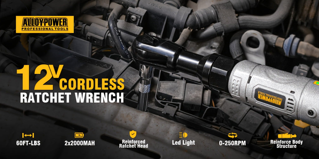 Cordless Electric Ratchet Wrench Set 3/8 Inch 12V 60 Ft-Lbs Power Ratchet Tool Kit with 2 Batteries, 6 Sockets, LED Light, Variable Speed, 1/4 & 1/2 Inch Adapters and Carrying Case for Auto Repair DIY