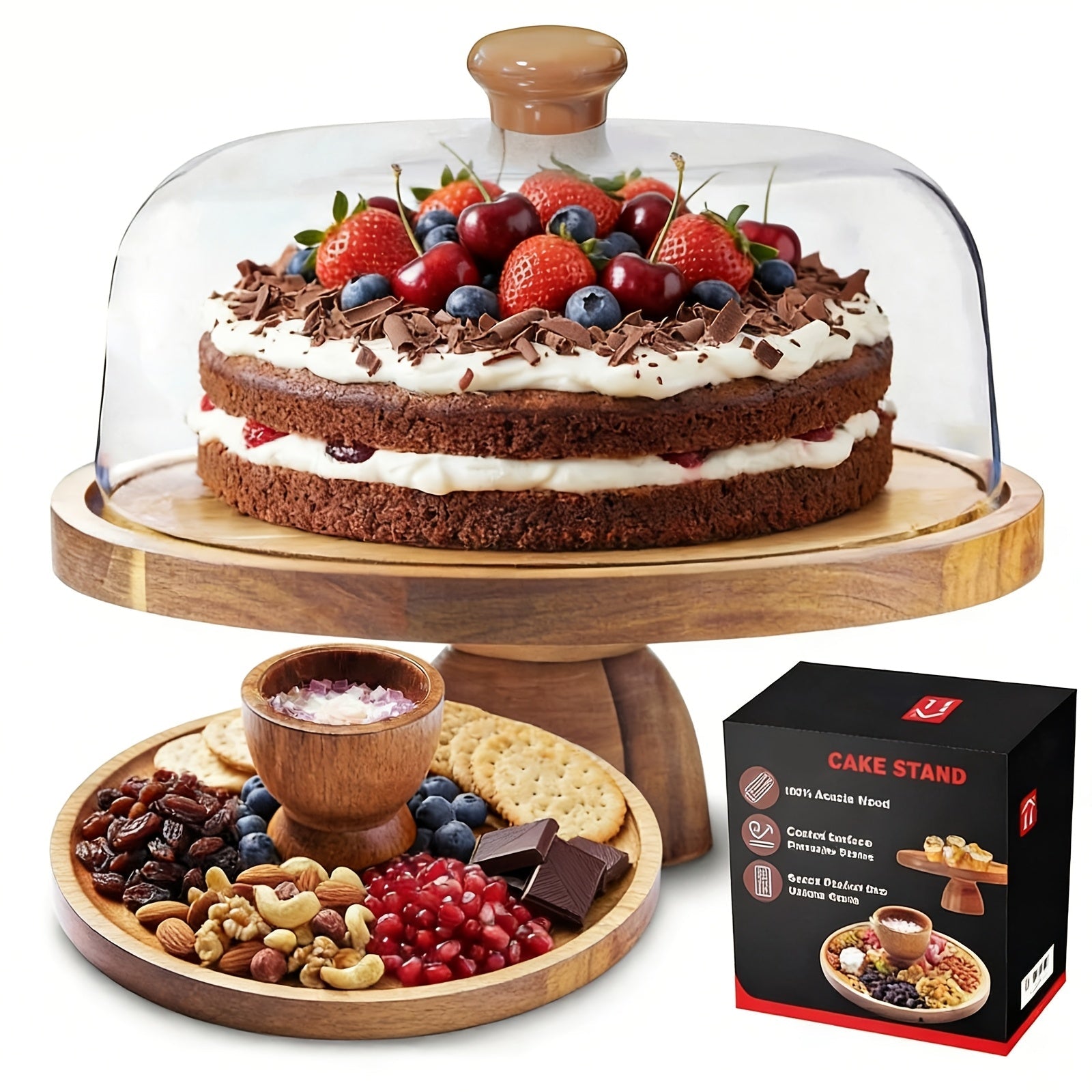 Cake Stand with Acrylic Dome Lid ¨C Acacia Wood Serving Platter 2-in-1 Round Shatterproof Dessert Display Tray for Cheese Charcuterie Fruit Veggie Chips Party Table Centerpiece Holiday Gift