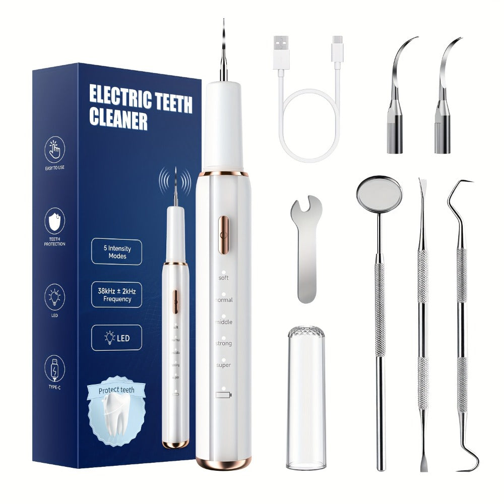 Interdental Plaque Remover with LED Light ¨C Electric Teeth Cleaner, 5 Cleaning Modes, 2 Replacement Heads, Oral Irrigator-Like Function, No Water Required, Dental Care for Travel & Home Use