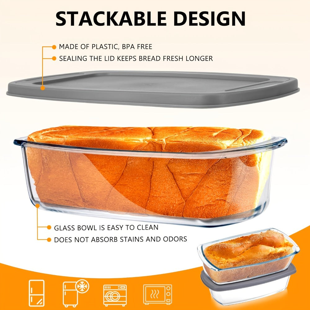 Glass Loaf Pan Set with Lids, 4pcs Stackable 1.9 QT Bread Baking Dish with Airtight Lid, Oven Microwave Dishwasher Safe Glass Food Storage Container for Bread, Cake, Meal Prep