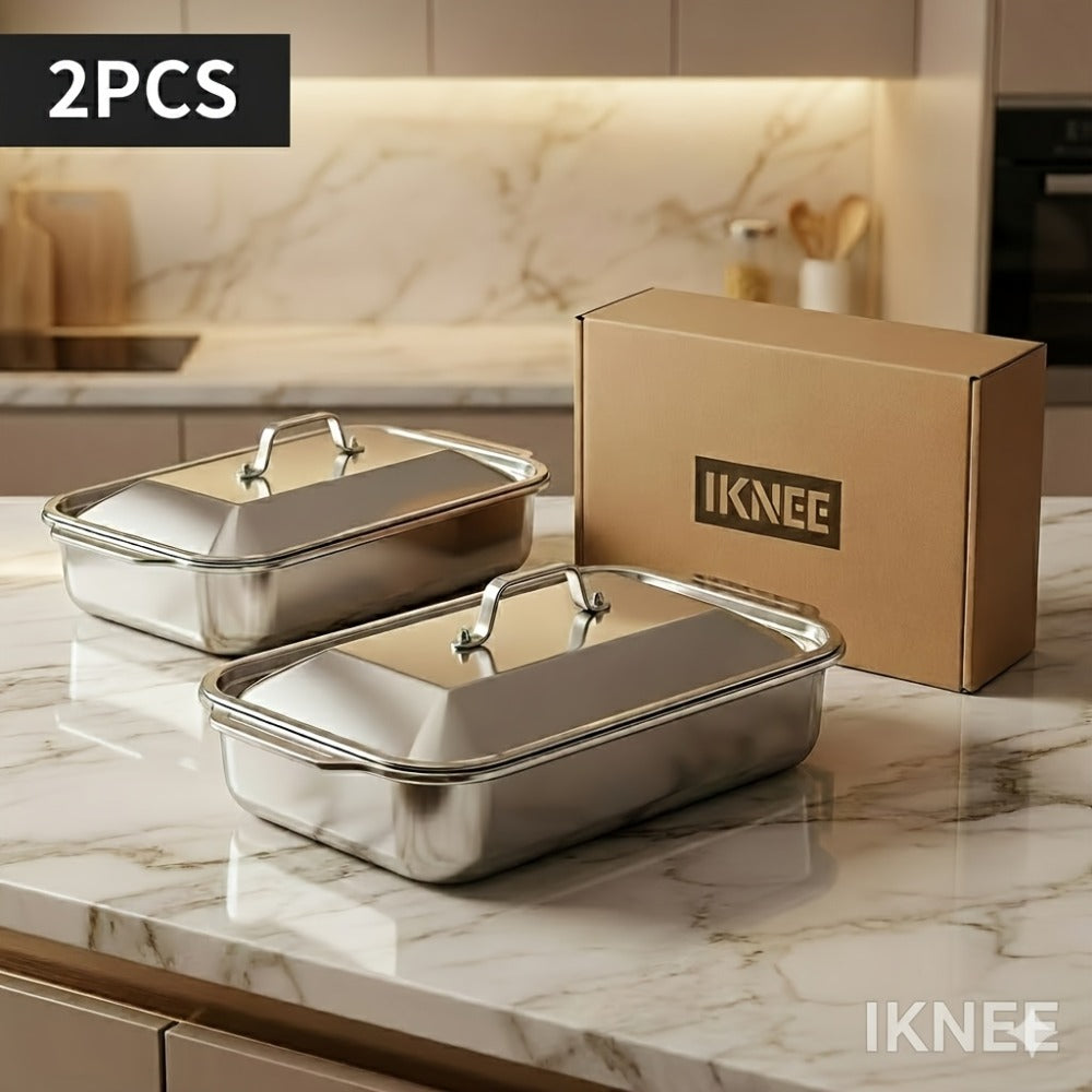 Stainless Steel Baking Pan Set 4-Piece ¨C 2 Deep Roasting Pans & 2 Lidded Pans with Handles, 6-Liter Large Capacity 16.14¡± Rectangular Baking Pans for Lasagna, Fish, Chicken & Roasting ¨C Dishwasher Safe