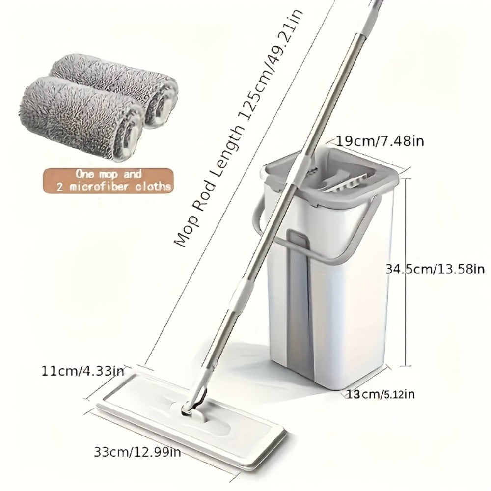 Flat Mop and Bucket Set with Wringer Metal Handle 2 Reusable Microfiber Pads Floor Mopping System for Bedroom Bathroom Kitchen Living Room Wall Floor Cleaning
