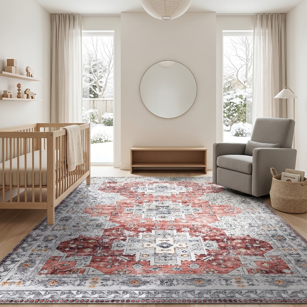 Area Rug 8x10 Ft Soft Non-Slip Machine Washable Large Floor Rug with Floral Forest Animal Patterns for Living Room Bedroom Home Decor ¨C Durable Easy Clean Indoor Carpet