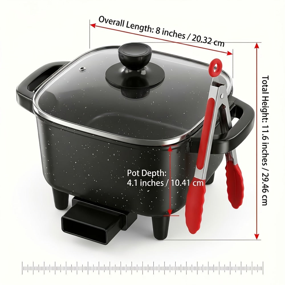 Electric Mini Square Hot Pot 8-Inch Non-Stick Speckled Coating Glass Lid Cool-Touch Handle Multi-Speed Temperature Control Compact Electric Skillet for Cooking Boiling Stewing Small Kitchen Apartment