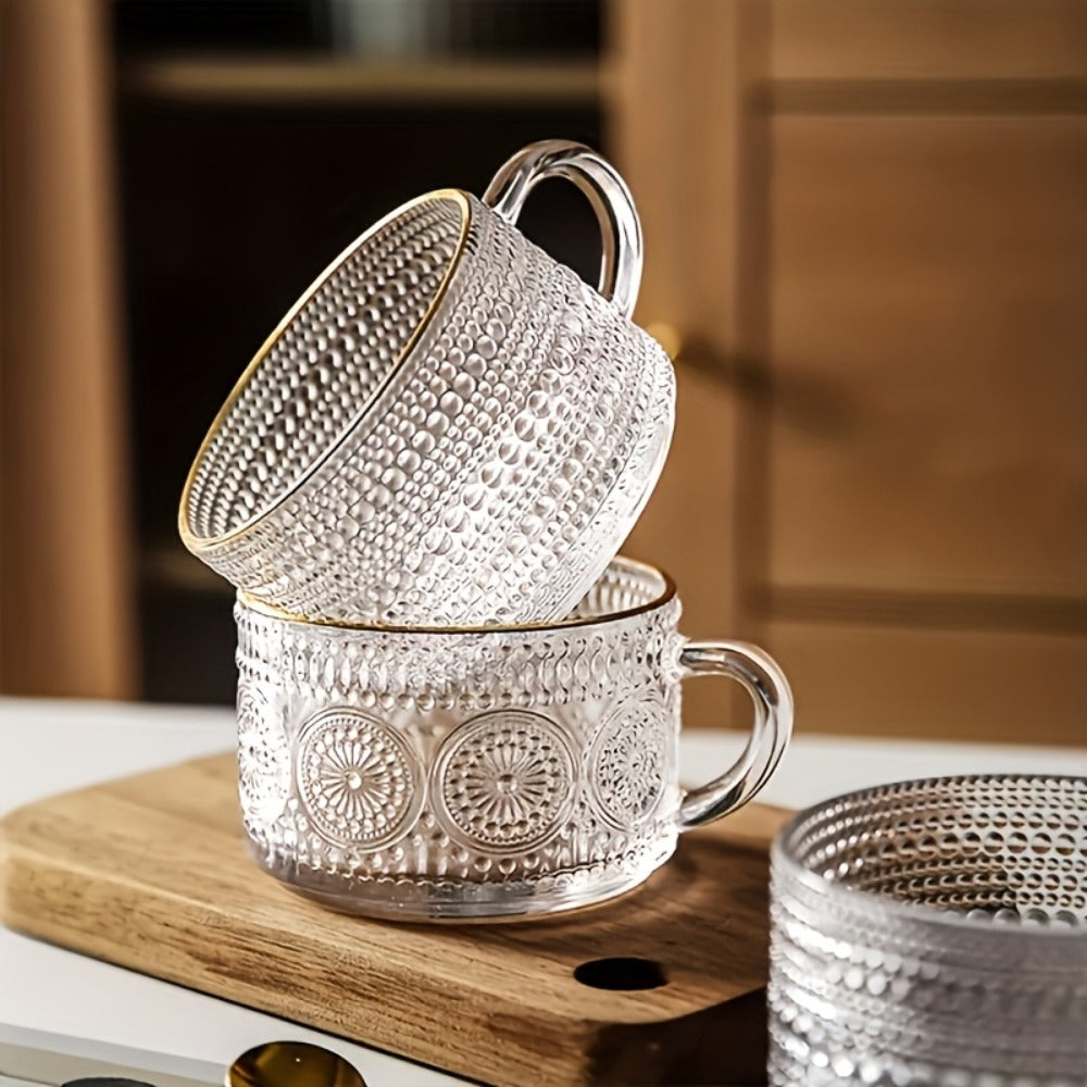 Glass Coffee Cups Set of 4 with Bamboo Lids and Spoons 450ml Vintage Embossed Iced Coffee Glasses for Cappuccino Latte Overnight Oats