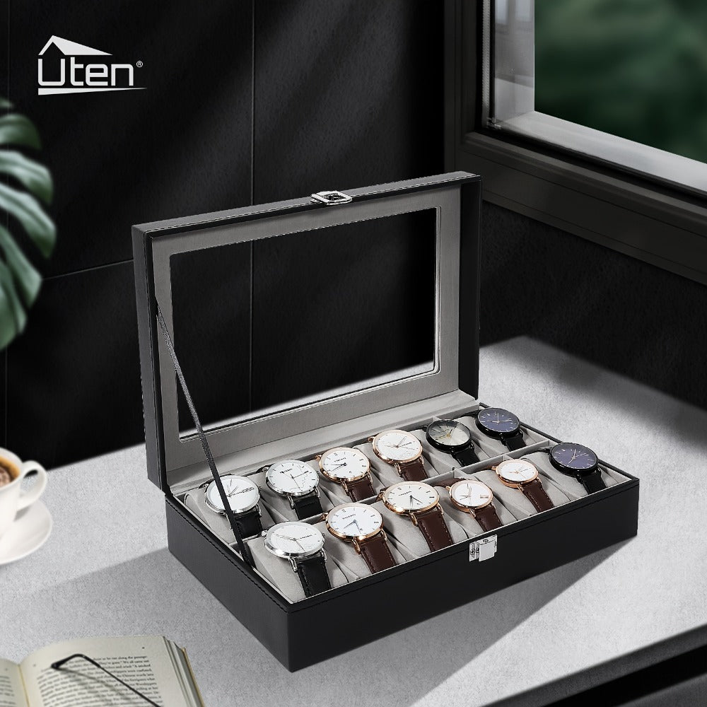 Watch Box Organizer 12 Slot PU Leather, Watch Display Case with Glass Lid Removable Pillow Metal Clasp, Jewelry Box Gift for Him Her Valentine's Day Birthday Christmas