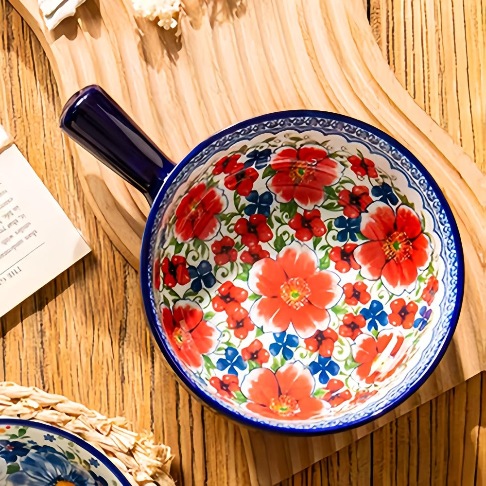 Ceramic Salad Bowl Set of 4 Bohemian Style 8.7 Inch with Handles Microwave and Oven Safe Colorful Serving Bowls for Home Baking Table Serving Gift