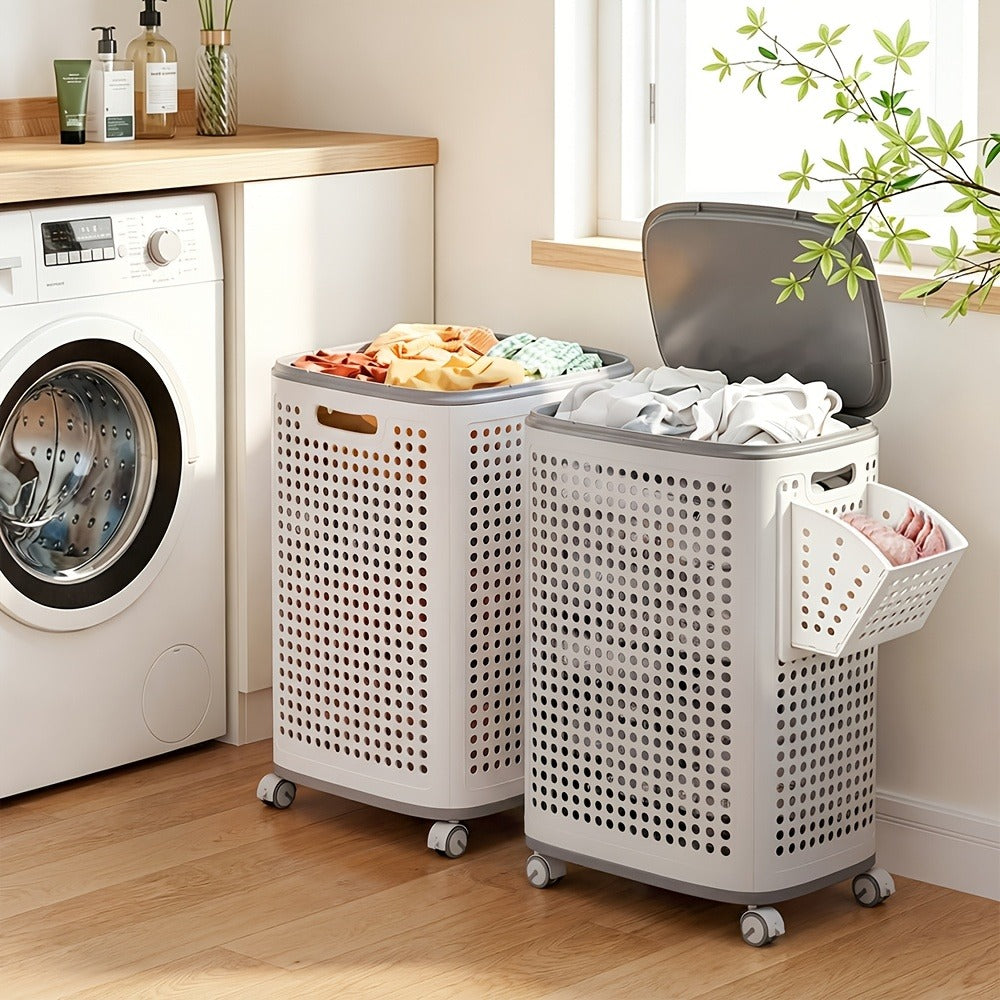 Wheeled Laundry Hamper Large Foldable with Dividers & Dust-Proof Lid ¨C 360¡ã Breathable Mesh Basket on Wheels, Reinforced Steel Base, Portable Clothes Organizer for Bedroom, Bathroom & Dorm