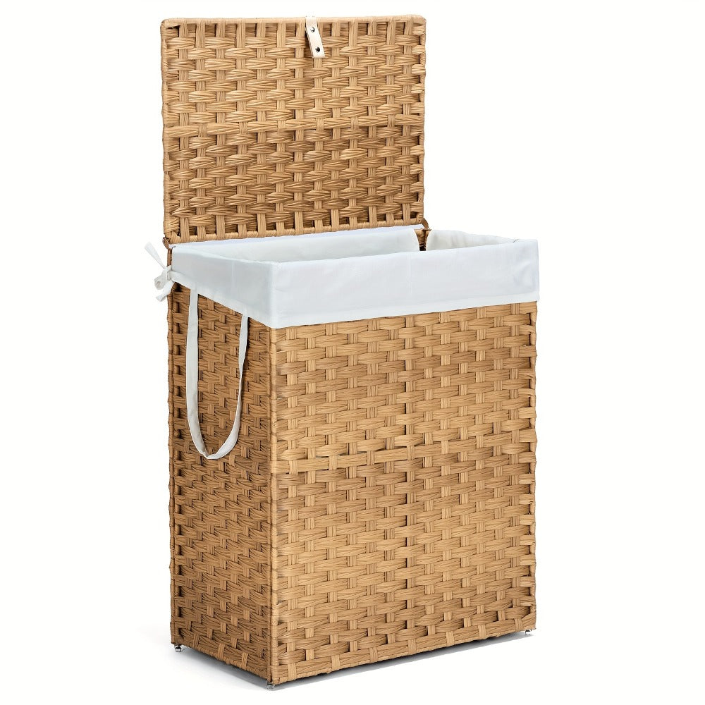 Laundry Basket with Lid - Large Foldable Rattan Hamper with Removable Washable Liner, Sturdy Steel Frame, for Bathroom Bedroom, Goose Yellow or Dove Gray