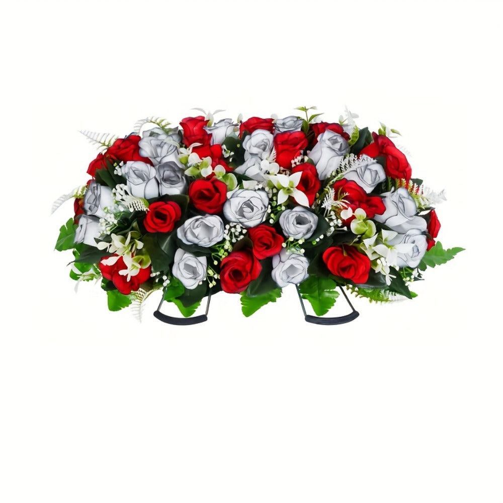 Artificial Cemetery Flowers for Grave with Saddle, Silk Rose Bouquet Headstone Decoration, Memorial Day Grave Flowers, Outdoor Grave Marker Floral Arrangement, 1/2/3 PCS