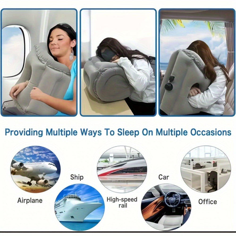 Inflatable Travel Pillow with Carrying Case ¨C Ergonomic Neck & Head Support for Airplane, Car, Train, Office Nap & Camping, Compact Lightweight Flocking Fabric Pillow