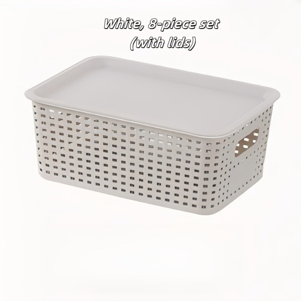 Storage Basket Set with Lids 8pcs ¨C Plastic Desktop Organizer Bins for Document Storage, Shelf Organization & Home Office ¨C Flip-Top Lid Baskets, White