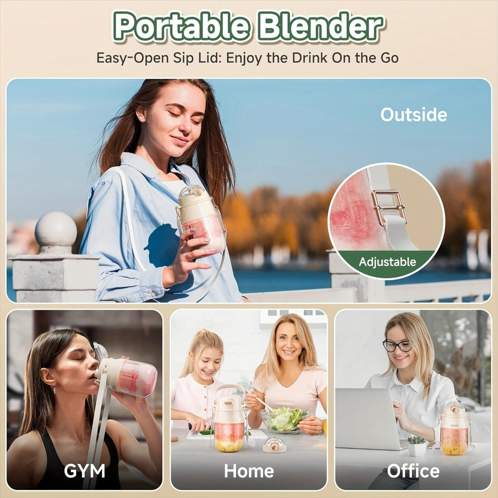 Personal Blender USB-C Rechargeable 27oz - 10-Blade Portable Smoothie Blender with Shoulder Strap, 70W Dual Battery, Safety Lock, Dishwasher Safe, for Shakes, Protein Drinks, Gym & Travel, Pink or Gray