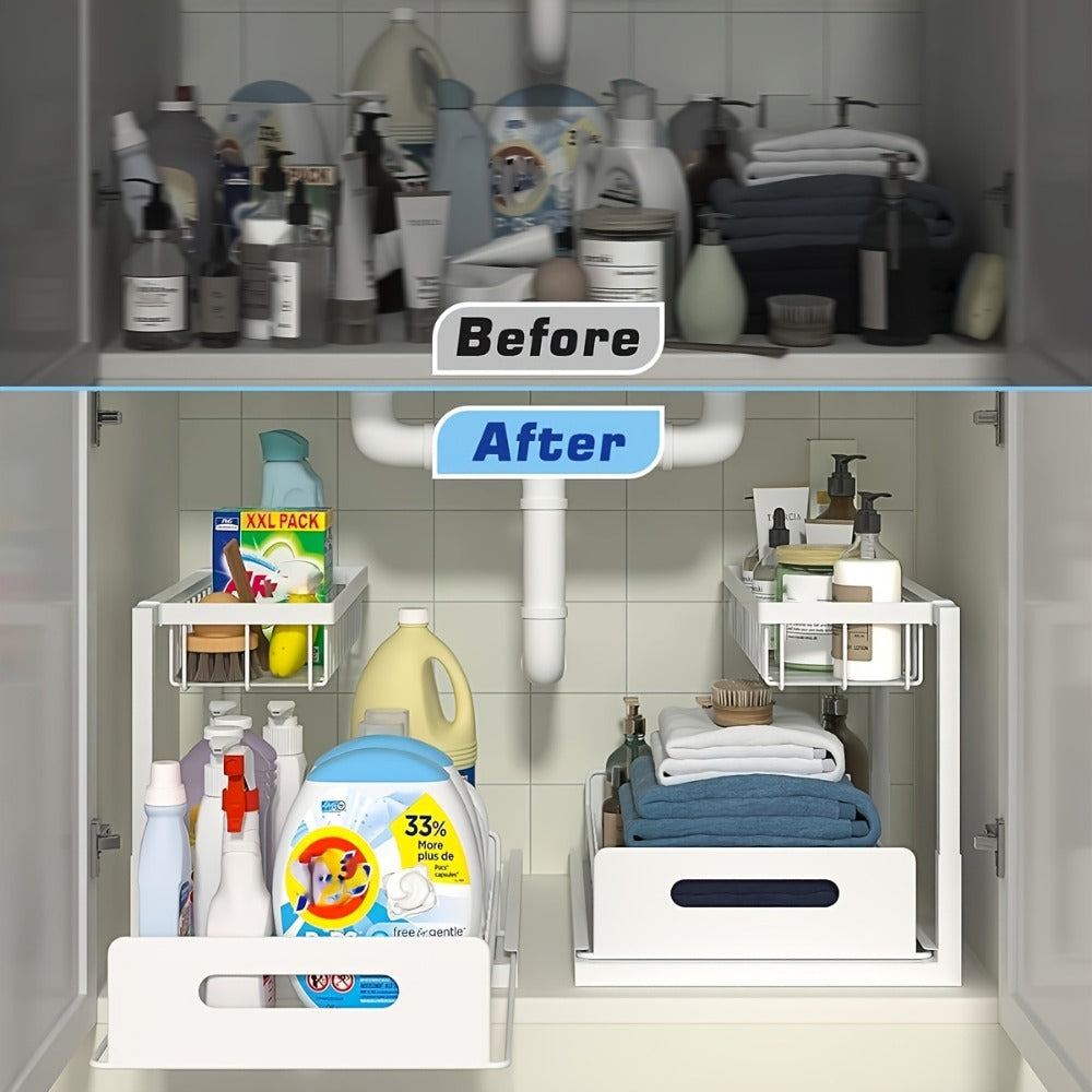 L-Shaped Sliding Drawer Organizer ¨C Heavy-Duty Under Sink Storage Rack, Space-Saving Cabinet Organizer for Kitchen, Bathroom, Garage & Workshop, Large Capacity, Black & White