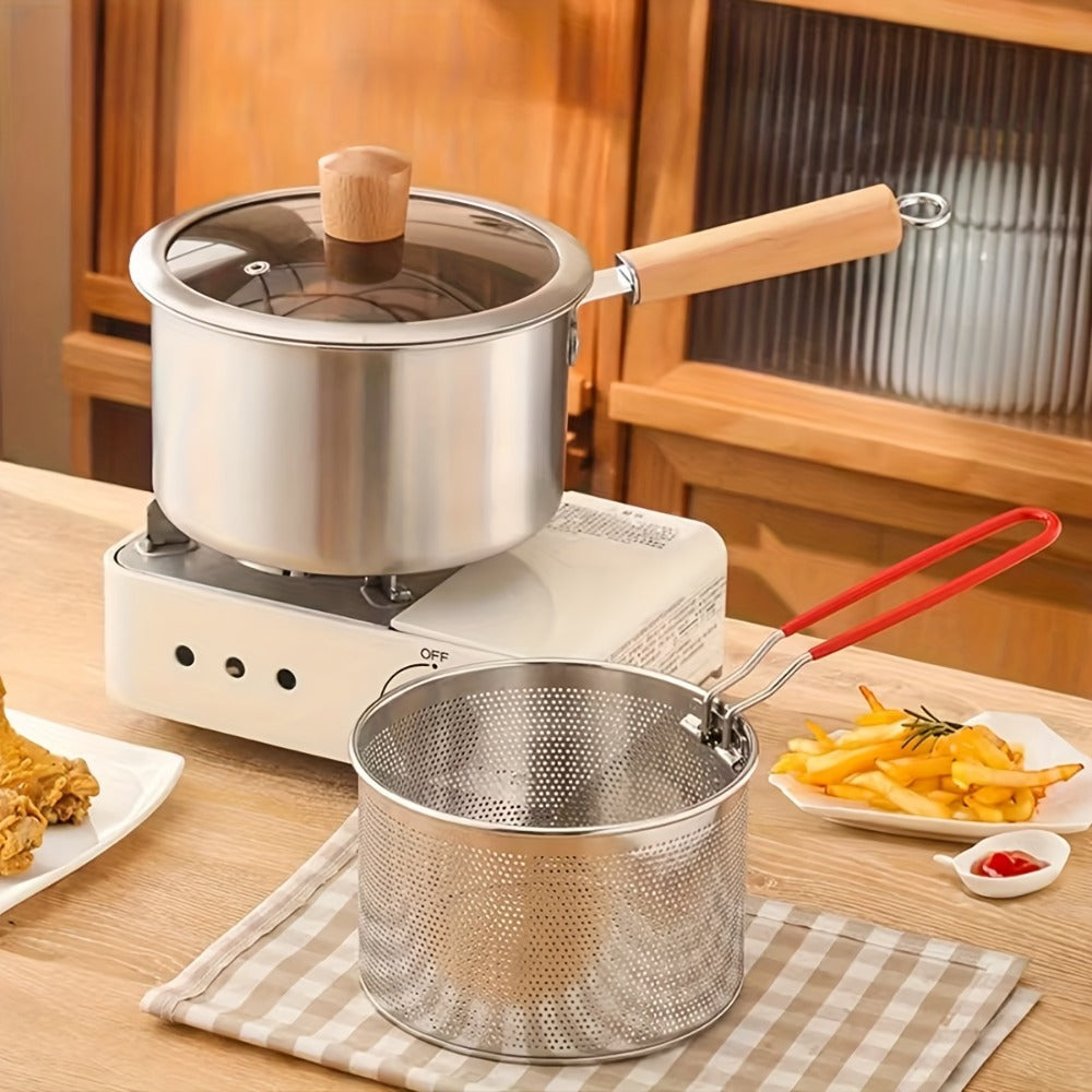 Deep Fryer Set 4 Piece Stainless Steel Multi-Purpose Cookware with Non-Stick Pot, Frying Rack, Glass Lid & Tongs - Stovetop Deep Fryer for Noodles, Frying & Boiling, Kitchen Essential Cooking Set