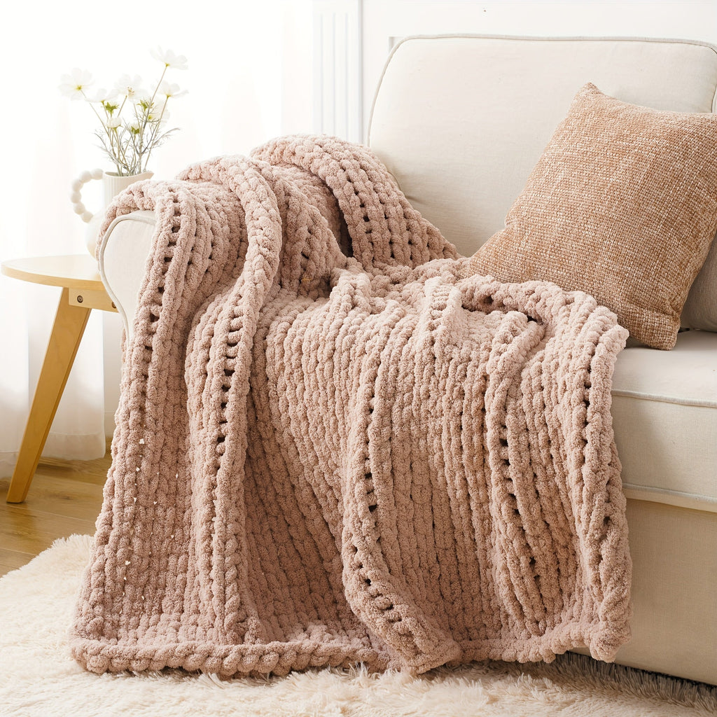 Chunky Chenille Cable Knit Throw Blanket ¨C 350-400gsm Soft Warm Crochet Throw for Sofa, Bed & Couch, Vintage Patchwork, 14 Colors