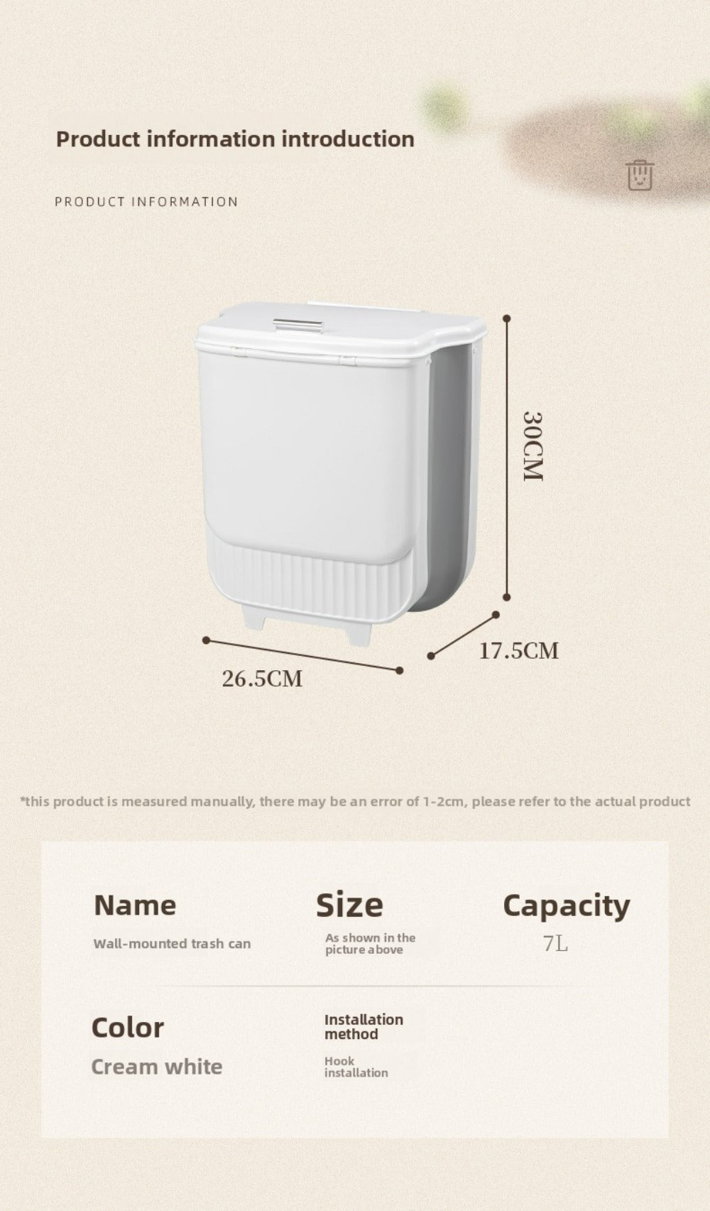 Collapsible Trash Can with Lid Wall Mounted Cabinet Door Hanging Waste Bin 1.85 Gallon Kitchen Bathroom Odor Control Space Saving Garbage Can