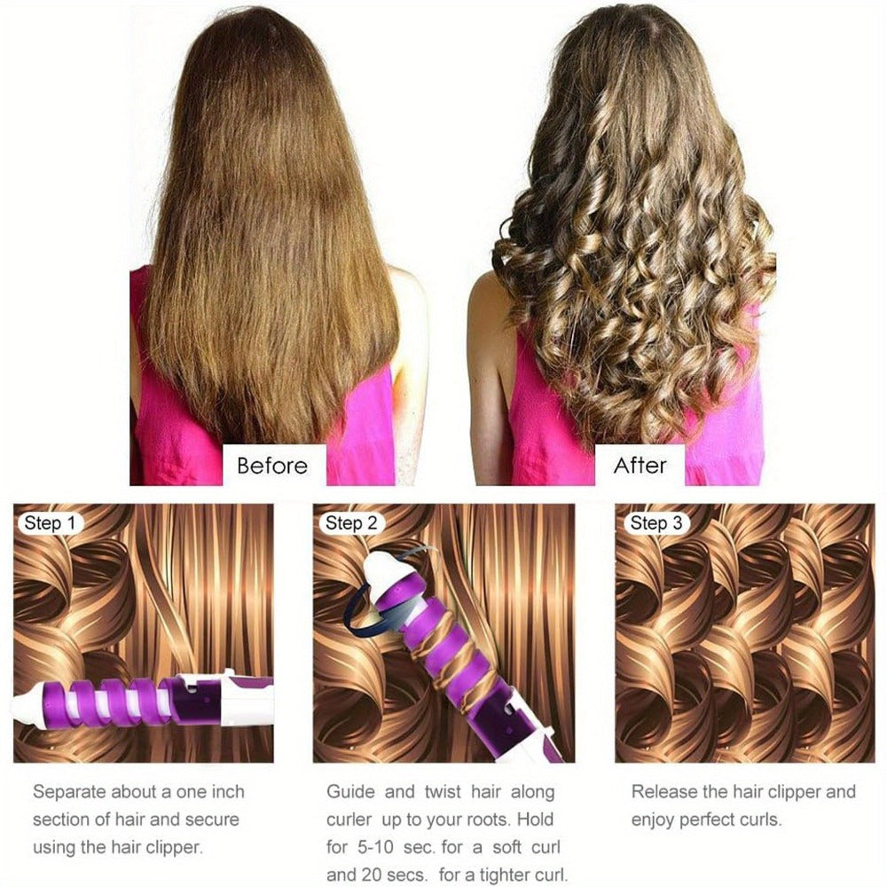 Automatic Spiral Curling Iron 360¡ã Electric Hair Curler - Auto Rotating Curl Wand, Lightweight & Portable, Easy to Use, Includes 2 Clips & 1 Comb, Gift for Women, Pink, Purple, Blue