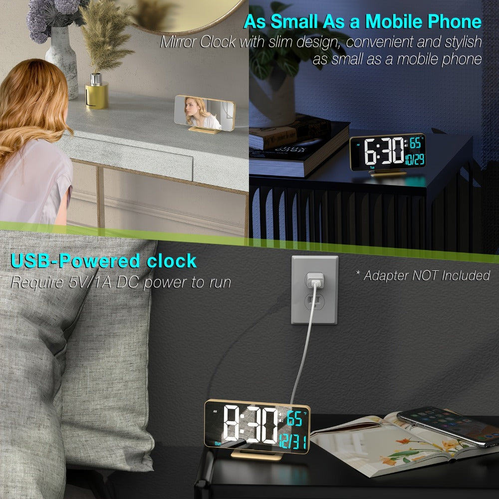 Large Digital Alarm Clock 6.7¡± with Dual Alarm & Dimmable LED Display ¨C USB Powered Desk Clock with Temperature, Date & Day of Week | Modern Golden Bedside Clock for Bedroom, Living Room & Office