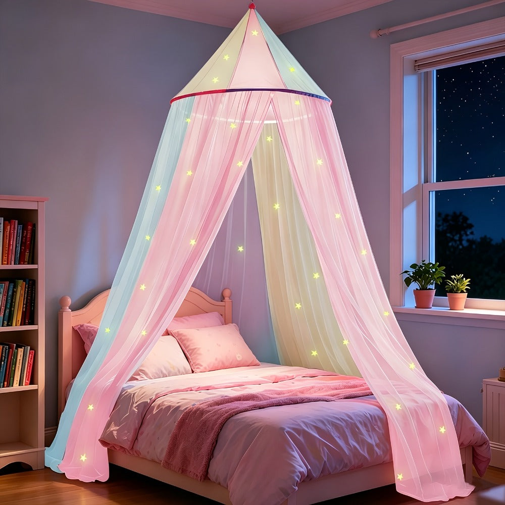 Bed Canopy for Girls Princess Rainbow Glow in the Dark Stars Colorful Canopy Curtain Fits Single Full Queen Size Bed Kids Room Decor Ceiling Tent Netting Machine Washable