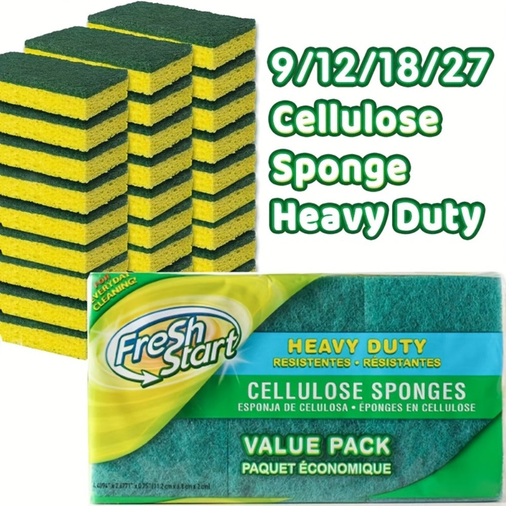 Non-Scratch Cellulose Sponge Dual-Sided with Tough Scouring Pad ¨C Dishwashing Sponges for Kitchen, Dishes & Bathroom, Absorbent & Durable, Green or Blue, 9/12/18/27 Pack Value Sets