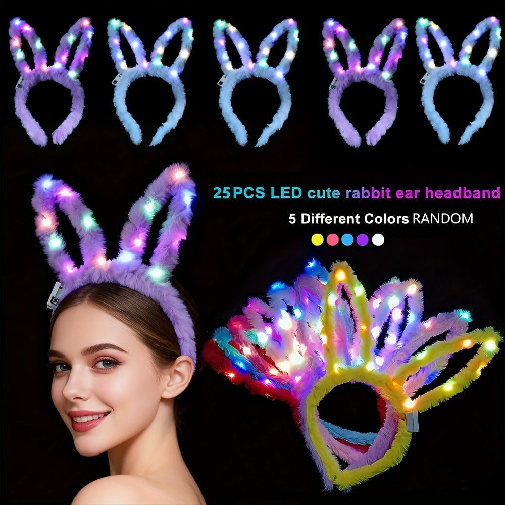 LED Bunny Ear Headbands 25-Pack | Glowing Light Up Rabbit Ears with 3 Flashing Modes for Party Halloween Christmas Weddings Concerts Cosplay Photo Props Unisex Adult