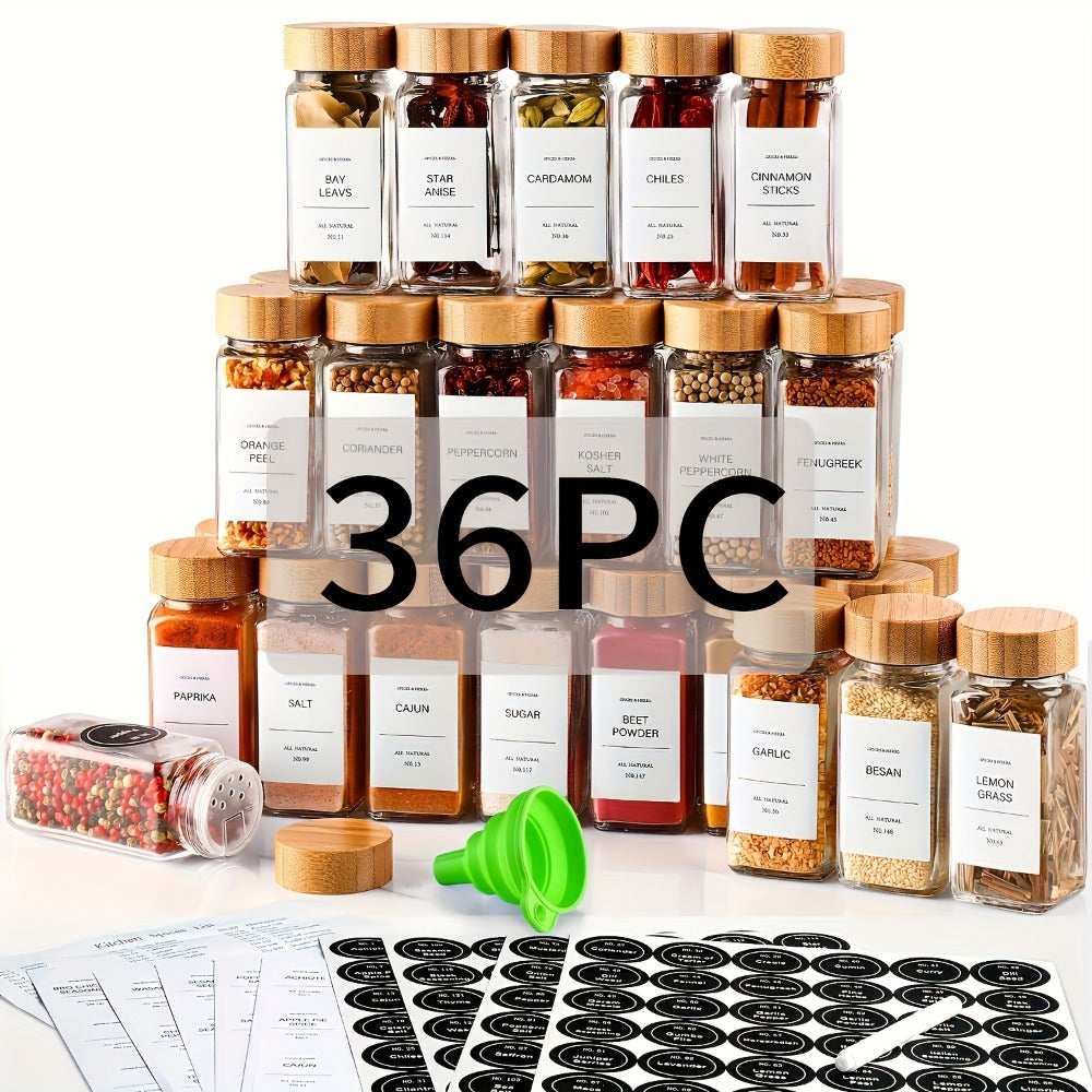Glass Spice Jars with Labels and Lids 4oz, Empty Spice Bottles with Foldable Funnel for Kitchen Organization, Airtight Condiment Storage Containers for Herbs and Seasonings, Set of 15 24 or 36 Pieces